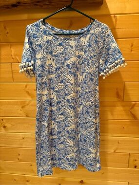 Lilly Pulitzer Blue & White Printed Shirt Dress with Pom Pom sleeve